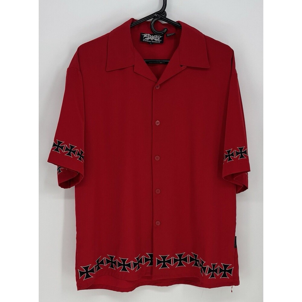 Vintage Y2K Dragonfly Clothing Shirt Large Red Black Iron Cross Embroidered NWOT